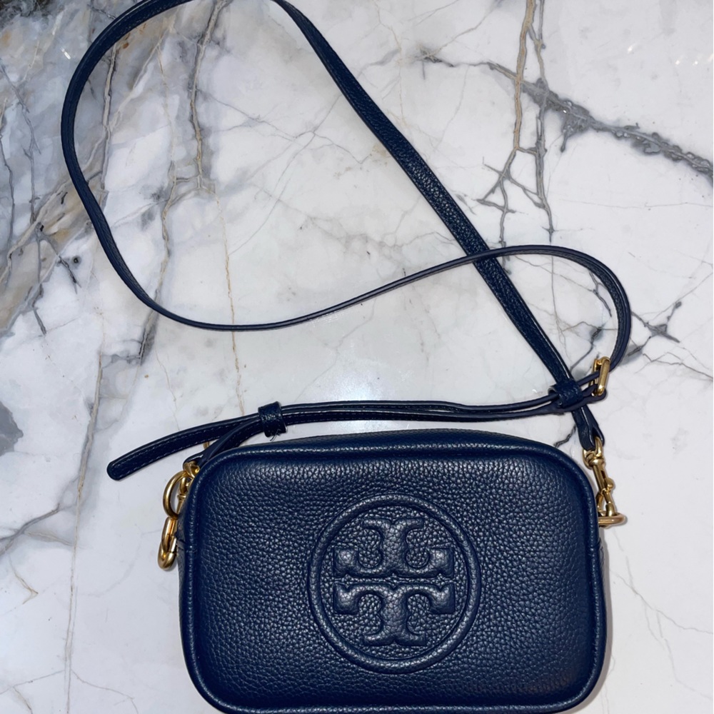 Tory Burch Perry Bombe Mini Crossbody Leather Bag in Navy Blue